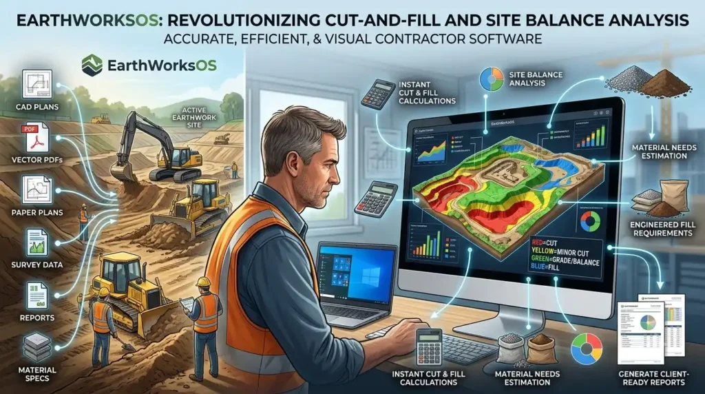 EarthWorksOS excavation software showing cut and fill analysis, engineered fill calculations, 3D site balance visualization, and client-ready reporting